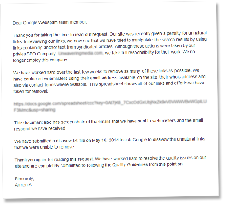 Review Request Email to Google WebSpam Team