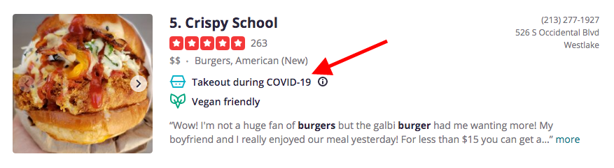 COVID-19 Takeout Messaging On Yelp